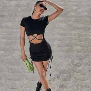 Criss cross cut out drawstring bodycon dress